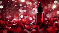 Red glass dropper bottle on rose petals background with bokeh lights effect and soft focus. Romantic luxury cosmetic product photography for beauty industry.