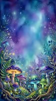 Enchanted forest scene with glowing mushrooms, magical plants, and luminous starry sky in purple, blue, and green tones, suitable for fantasy artwork, children's book illustrations, and mystical designs.