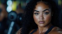 Young African American woman with natural curly hair and flawless makeup gazing confidently at camera in fitness environment with soft bokeh lighting effect in background.