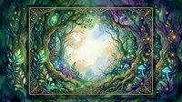 Mystical forest portal with ornate golden frame surrounded by enchanted vines and magical foliage creating ethereal gateway to another realm.