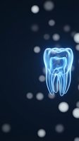Glowing blue tooth anatomy with roots and enamel layers on dark background with bokeh lights for dental healthcare and medical education concepts.