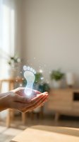 Caucasian woman's hand holding glowing digital footprint icon with sparkling particles in modern home interior with natural light and plants.