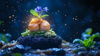Magical food composition with scallops garnished with purple flowers and microgreens on dark soil background with glowing particles and bokeh effect.