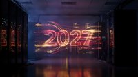 Futuristic data center server room with glowing neon 2027 hologram display and digital light trails for technology and innovation concepts.