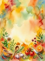Watercolor cooking background with fresh vegetables, herbs, and kitchen utensils arranged on colorful washed backdrop, ideal for culinary designs and food-related projects.
