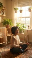 Woman with curly dark hair meditating in bright nursery room with hanging plants, wooden crib, shelves, and natural sunlight streaming through window for wellness and parenting concepts.