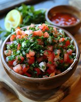 Fresh pico de gallo with diced tomatoes, onions, cilantro and lime in rustic wooden bowl, served with red salsa sauce, traditional Mexican appetizer.