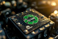 Close-up macro shot of electronic circuit board with green circular logo on dark background with bokeh light effects and shallow depth of field.