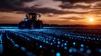 Modern tractor silhouette against dramatic sunset sky with futuristic glowing blue rows of agricultural technology in field, representing smart farming innovation.