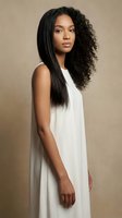 Young African American woman with contrasting straight and curly hairstyle wearing white sleeveless dress against neutral beige background for beauty concepts.