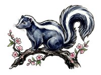 Skunk with fluffy tail standing on branch surrounded by pink flowers, isolated on white background, suitable for clipart, t-shirt design, children's illustration, and decorative artwork.