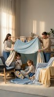 Happy Caucasian family building blanket fort together in cozy living room. Parents and children creating indoor tent for playtime and bonding activities.