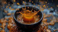 Dramatic splash crown forming in dark ceramic cup filled with coffee or tea, captured with high-speed photography against blurred background with golden bokeh lights.