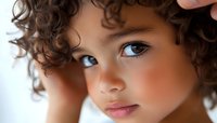 Close up portrait of young mixed race girl with natural curly hair and bright blue eyes looking directly at camera with innocent expression.