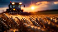 Golden wheat field at sunset with harvester combine working in background creating dramatic agricultural landscape with warm lighting and bokeh effects.