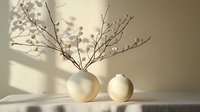 Minimalist still life with dried branches in white ceramic vase and round bud vase on linen tablecloth, casting soft shadows on beige wall.