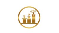 Golden growth chart with plants sprouting from bars showing business progress and organic development in circular frame isolated on white.