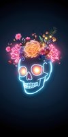 Glowing neon skull adorned with vibrant flowers and roses creates mystical Day of Dead inspired artwork on dark background, featuring pink and orange illumination.