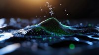 Abstract digital wave formation with glowing green particles and floating bubbles against dark background, creating futuristic technology visualization effect.