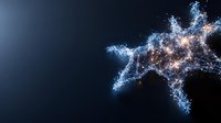 Glowing network connections forming abstract star shape with light particles and energy streams against dark background, futuristic technology concept.
