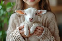 Young Caucasian woman in beige knit sweater holding adorable white baby lamb with pink nose and ears, gentle spring farming scene with green plant background.