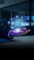 Businessman holding glowing digital network hologram with connected icons and data visualization in modern office environment for technology and innovation concepts.