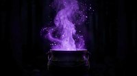 Bubbling cauldron with glowing purple magical smoke and sparkling particles erupting upward against dark background, suitable for fantasy, Halloween, witchcraft, and mystical themed designs.