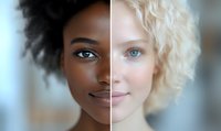 Split portrait showing contrasting faces of African and Caucasian women with curly hair styles and gentle smiles, representing diversity and unity in modern society.