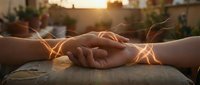 Two hands gently holding each other with warm golden light rays creating magical energy connection between palms during sunset outdoors.