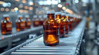 Pharmaceutical glass bottles on automated production line conveyor belt with bokeh lights background, perfect for medicine manufacturing and quality control concepts.