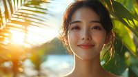 Young woman with East Asian ethnicity smiling outdoors surrounded by tropical palm leaves during golden hour sunset, conveying wellness, nature connection and peaceful lifestyle moments.