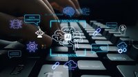 Business professional using laptop with AI innovation technology interface displaying digital transformation icons and data analytics symbols.