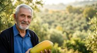 Senior male farmer with white hair and beard, wearing blue shirt and black vest, holding fresh mango in orchard with green trees and sunlight in background.