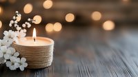 Glowing candle wrapped in twine with white spring flowers on wooden surface against soft bokeh background creates peaceful spa atmosphere.
