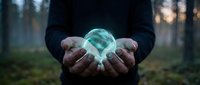 Person holding glowing green energy orb in cupped hands outdoors at dusk with forest background for fantasy and supernatural concepts.