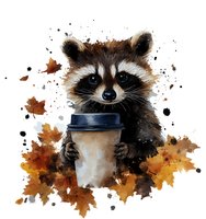Cute raccoon holding coffee cup surrounded by autumn maple leaves and watercolor splashes on white background, artistic wildlife illustration.