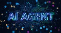 Futuristic neon text displaying AI AGENT with glowing circuit board patterns and colorful bokeh lights on dark background for technology presentations.