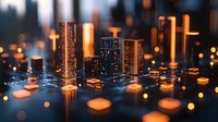 Glowing miniature city skyline with illuminated skyscrapers and orange bokeh lights creating magical urban nightscape atmosphere on dark background.