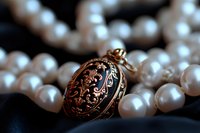 Vintage copper locket with ornate floral engraving resting on strand of white pearls against dark background, creating elegant jewelry still life composition.