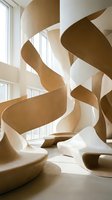Modern sculptural staircase with flowing curves in minimalist interior space featuring natural light and contemporary architectural design elements.