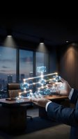 Businessman in formal suit holding glowing digital network structure with interconnected cubes in modern office with city skyline view at dusk, representing blockchain technology and data connectivity.