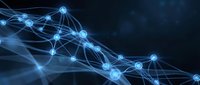 Abstract blue network connections with glowing nodes and flowing lines on dark background for technology and digital communication concepts.