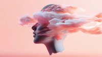 Young woman profile with pink clouds flowing through head creating dreamy double exposure effect against soft rose background for meditation and mindfulness concepts.