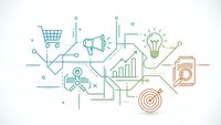 Digital marketing strategy concept with interconnected business icons including shopping cart, megaphone, analytics charts and target symbols on white background.