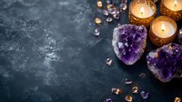 Purple amethyst crystals with glowing candles on dark textured background, scattered crystal fragments create mystical atmosphere for spiritual practices.
