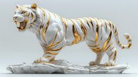 White porcelain tiger figurine with gold stripes standing on decorative base, showing aggressive pose with bared teeth. Elegant ceramic art sculpture.