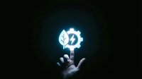 Glowing neon leaf and gear icon held in hand against dark background, representing renewable energy, sustainability, and eco-friendly technology solutions.