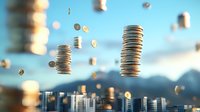 Floating stacks of coins above city skyline against blue sky and mountains, symbolizing financial growth, investment returns and urban economy.