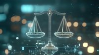 Glowing digital scales of justice on blurred bokeh background with binary code elements represents law and technology convergence in modern era.