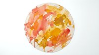 Watercolor abstract circular composition with warm coral, gold, and yellow tones blending organically. Isolated on white background, ready for design projects, branding, and creative applications.